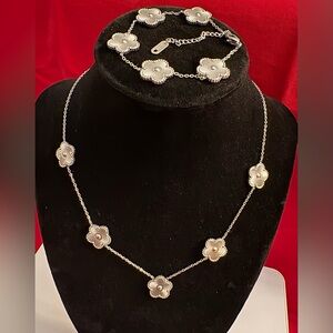Elegant Silver Clover Necklace and Matching Bracelet. Both are 18k gold filled.